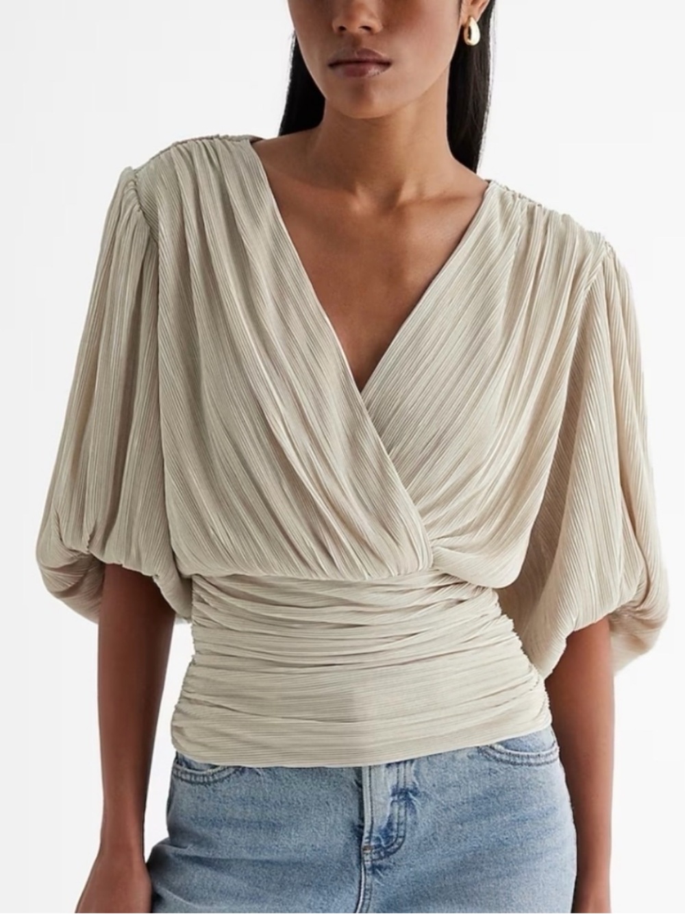 Express Pleated V-Neck Puff Sleeve Blouse - Light Beige